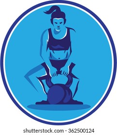 Illustration of a female trainer athlete weightlifter lifting kettlebell with both hands viewed from front set inside circle on isolated background done in retro style.
