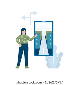 illustration of a female user using 3d map technology or street view on a smartphone to trick a place. road directions concept, gps tracker, location information assistance. flat style. design element