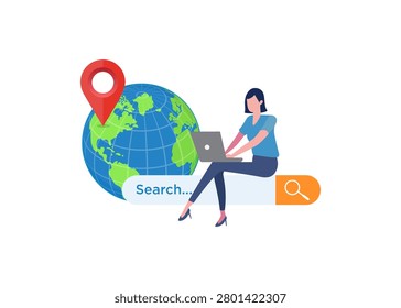 illustration of a female user utilizing a web browser search bar and computer to locate places on a world globe map
