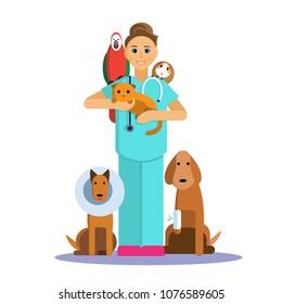 Illustration of female veterinarian with cute pet, dog, cat, Guinea pig and parrot.