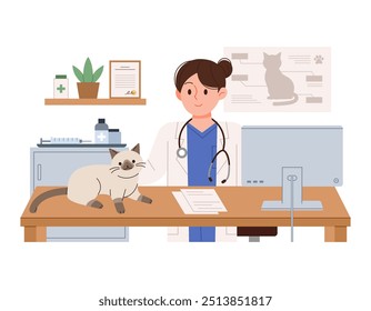 An illustration of a female veterinarian treating a cat at an animal hospital.