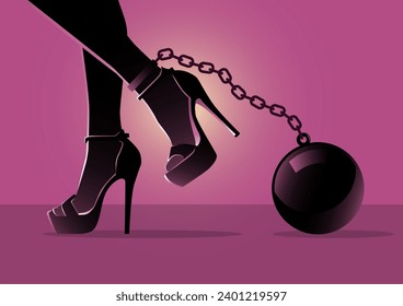 An illustration of female warrior. Business woman stand on mountain rock and hold shield and sword. Leadership, protect and security, business
