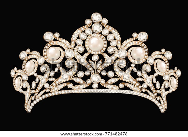 黒い背景に女性の結婚式のディアム 王冠 ティアラ金と貴石 真珠のイラスト のベクター画像素材 ロイヤリティフリー 771482476