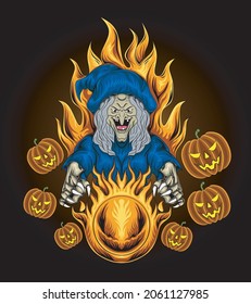Illustration of female witch with fireball in hand. Halloween concept