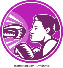 Illustration of a female woman boxer about to dodge a knockout punch set inside circle done in retro woodcut style.
