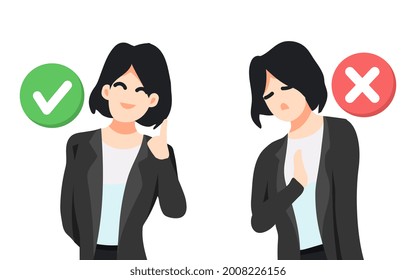 illustration of female worker with different poses. check mark icon and wrong mark icon. isolated on a white background. suitable for business themes, presentations, work from home etc. flat vector