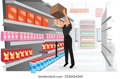 Ilustración de una trabajadora llegando alto para almacenar un estante en una tienda de comestibles. Ilustración plana de Vector