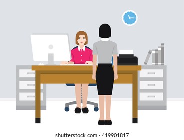 An illustration of a female worker talking with another co-worker.