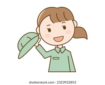 Illustration of a female worker wearing work clothes who takes a hat and greets and bows _delivery worker _cleaner