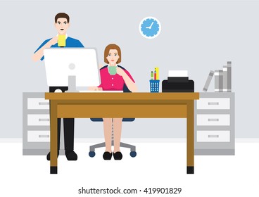 An illustration of a female worker working in front of computer, drinking coffee, and talking with another co-worker.