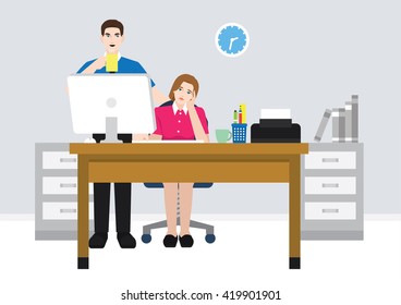 An illustration of a female worker working in front of computer with another worker standing beside her. She is bored