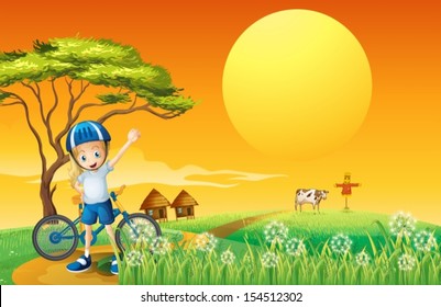 Illustration of a female young biker at the farm