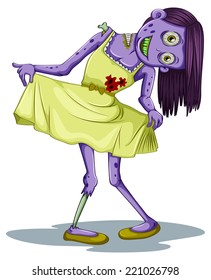 Illustration of a female zombie wearing a dress on a white background 