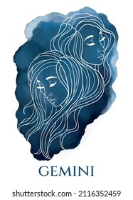 illustration of females, zodiac sign - gemini, on blue watercolor