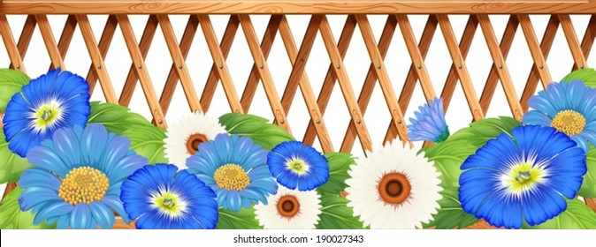 Illustration of a fence with blue and white flowers