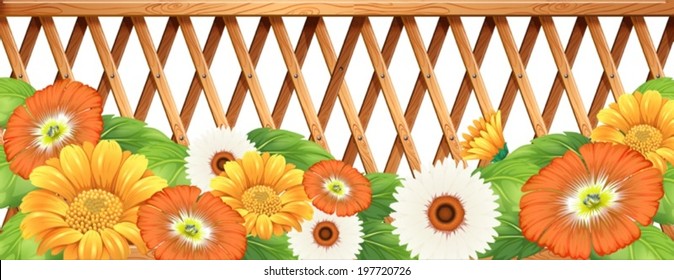 Illustration of a fence with flowers on a white background