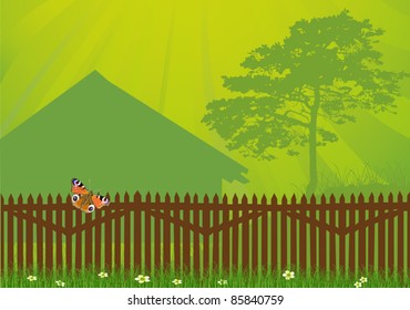 illustration with fence in green grass