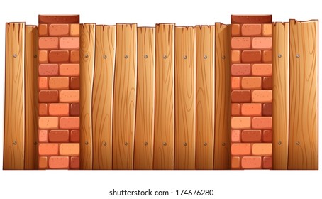 Illustration of a fence made of wood and bricks on a white background