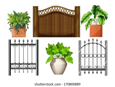 Illustration of the fences and plants on a white background