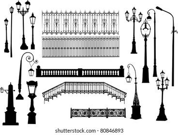 illustration with fences and street lamps collection