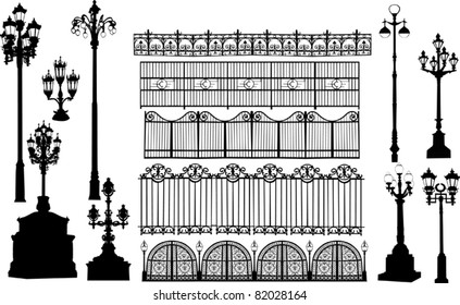 illustration with fences and street lamps collection