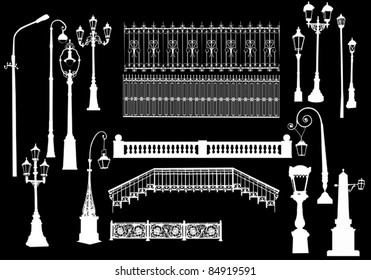 illustration with fences and street lamps collection