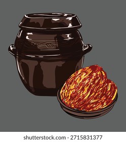 Ilustração de repolho fermentado em um frasco, destacando legumes preservados, ingredientes frescos e preparação natural para refeições ou lanches saudáveis.