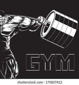 Illustration: a ferocious bodybuilder with a barbell