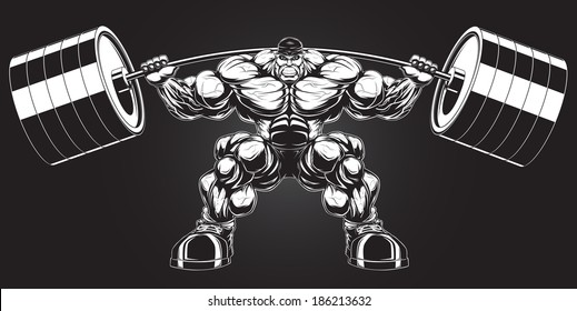 Illustration: a ferocious bodybuilder with a barbell