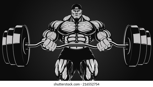 Illustration, a ferocious bodybuilder with a barbell