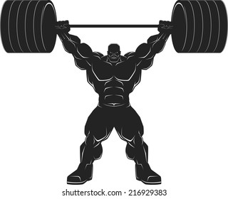 Illustration, a ferocious bodybuilder with a barbell, vector silhouette