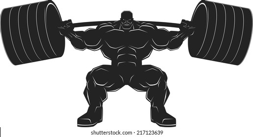 Illustration, a ferocious bodybuilder with a barbell, vector silhouette