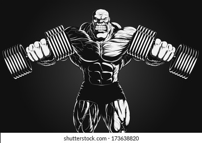 Illustration: a ferocious bodybuilder with dumbbell