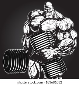 Illustration: a ferocious bodybuilder with dumbbell