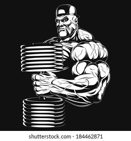 Illustration: a ferocious bodybuilder with dumbbell