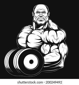 Illustration, a ferocious bodybuilder with dumbbell