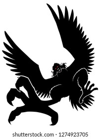 Illustration of ferocious cartoon harpy silhouette isolated on white background.