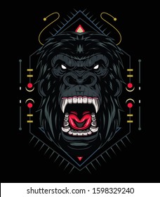 Illustration, Ferocious The Gorilla Head With Sacred Geometry, Vector Angry Gorilla Face On Black Background