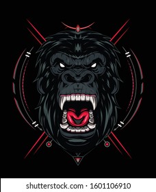 Illustration, Ferocious The Gorilla Head With Sacred Geometry, Vector Angry Gorilla Face On Black Background