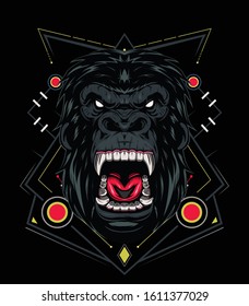 Illustration, ferocious the gorilla head with sacred geometry, vector angry gorilla face on black background