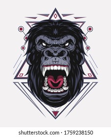 Illustration, ferocious the gorilla head with sacred geometry, vector angry gorilla face onornament background