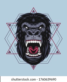 Illustration, ferocious the gorilla head with sacred geometry, vector angry gorilla face onornament background
