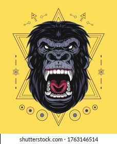 Illustration, ferocious the gorilla head with sacred geometry, vector angry gorilla face onornament background
