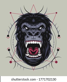 Illustration, ferocious the gorilla head with sacred geometry, vector angry gorilla face on ornament background