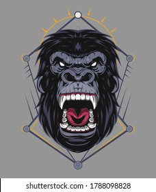 Illustration, ferocious the gorilla head with sacred geometry, vector angry gorilla face onornament background