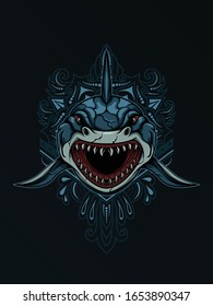 Illustration of ferocious shark head with mandala pattern as the background ornament.