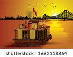 illustration of Ferry ride in evening toward the British-era Howrah Bridge across Hooghly River. Heritage and famous historical landmarks.