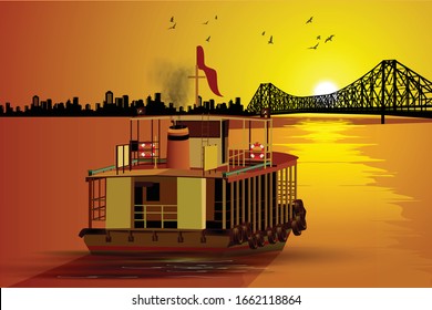 illustration of Ferry ride in evening toward the British-era Howrah Bridge across Hooghly River. Heritage and famous historical landmarks.