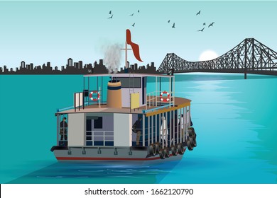 illustration of Ferry ride in the morning toward the British-era Howrah Bridge across Hooghly River. Heritage and famous historical landmarks.