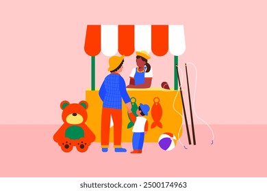 Illustration of "Festa Junina, São João": Brazilian June Party with a girl in a tent serving a father and his child at a fishing game.